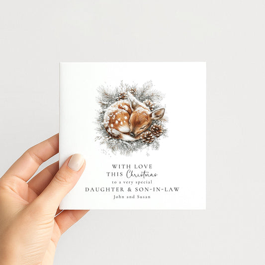 Daughter Son-in-Law Christmas Card – Personalised Cosy Deer Illustration Holiday Greeting