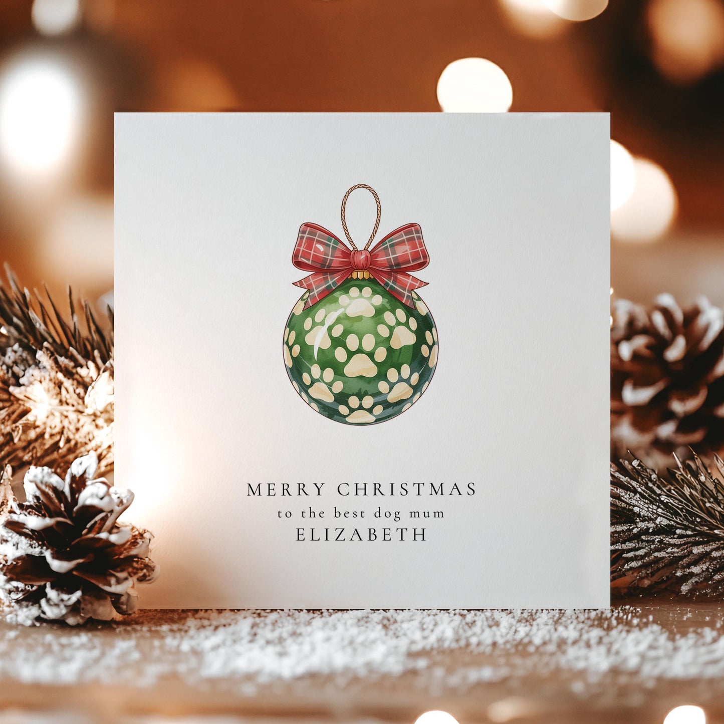 Dog Mum Christmas Card – Personalised Paw Print Bauble Holiday Greeting