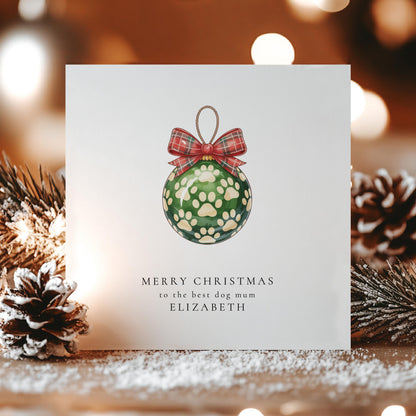 Dog Mum Christmas Card – Personalised Paw Print Bauble Holiday Greeting
