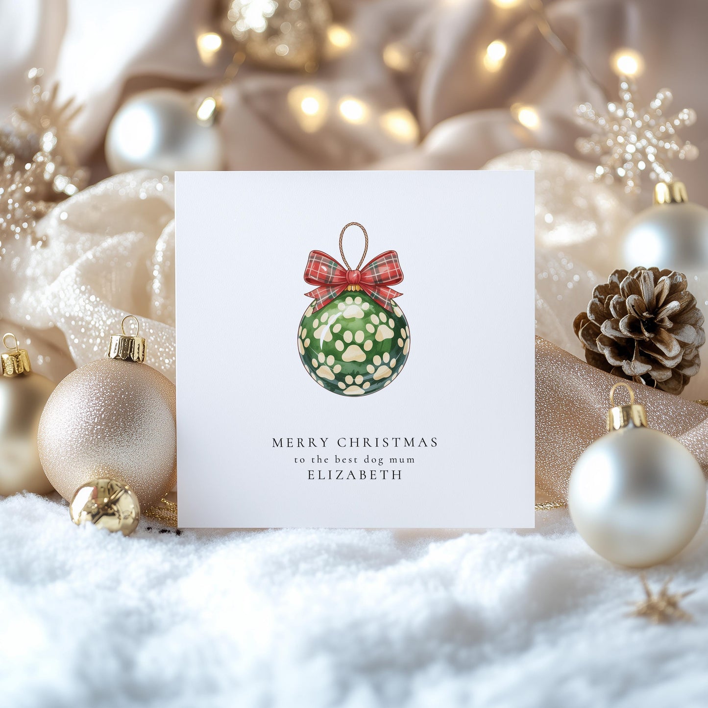 Dog Mum Christmas Card – Personalised Paw Print Bauble Holiday Greeting