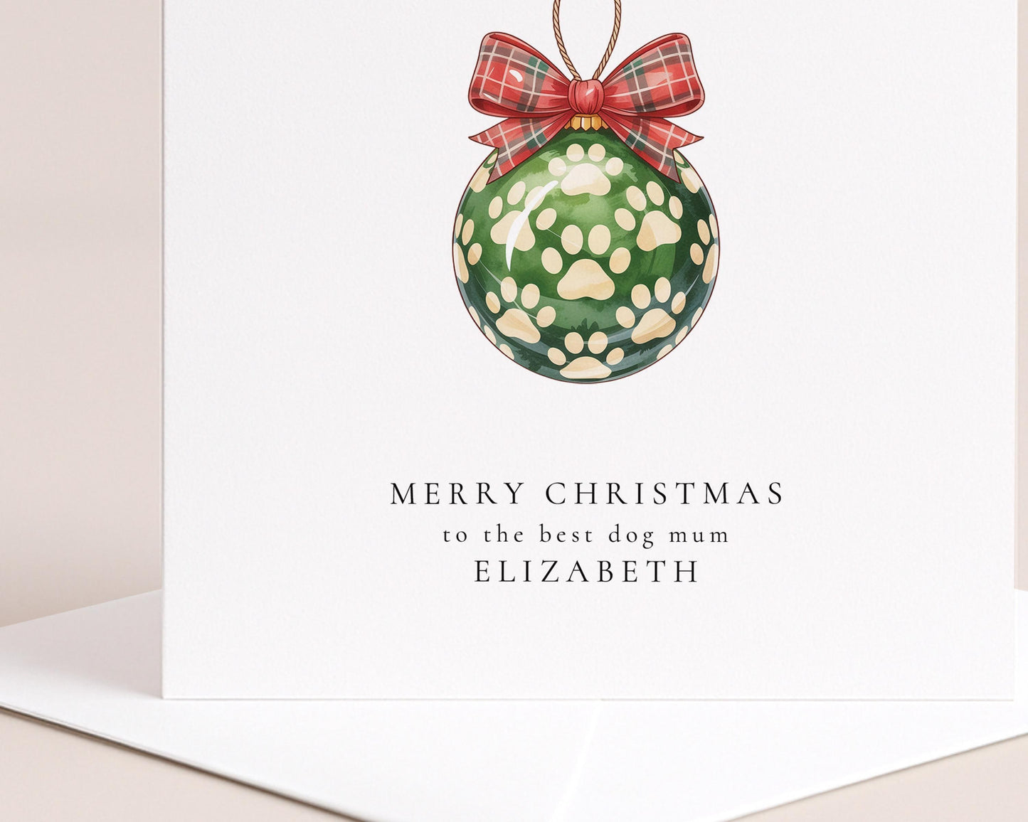 Dog Mum Christmas Card – Personalised Paw Print Bauble Holiday Greeting