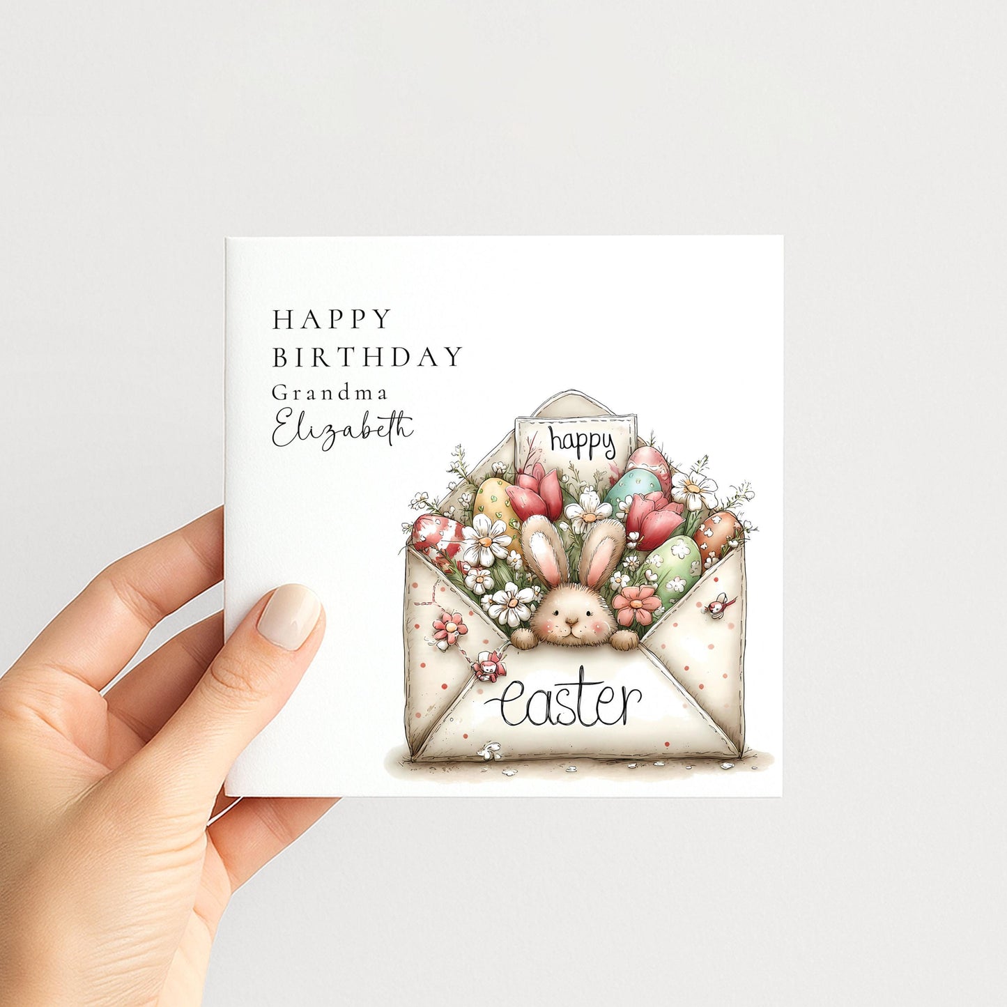 Easter Card For Grandma – Personalised Bunny Birthday Card With Floral Design