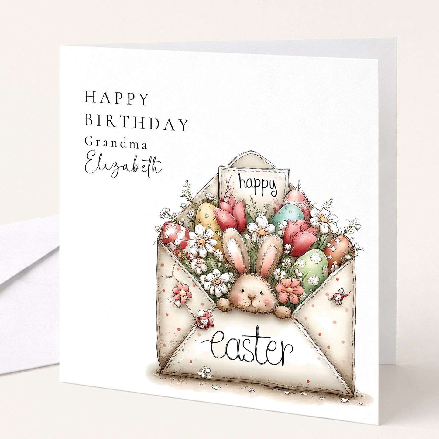 Easter Card For Grandma – Personalised Bunny Birthday Card With Floral Design