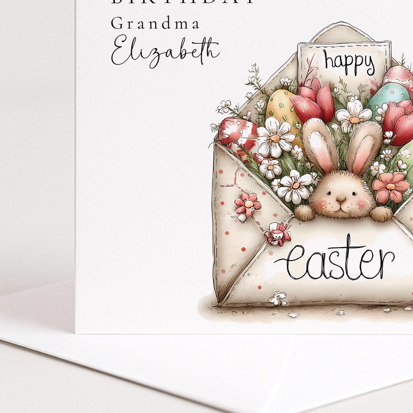 Easter Card For Grandma – Personalised Bunny Birthday Card With Floral Design