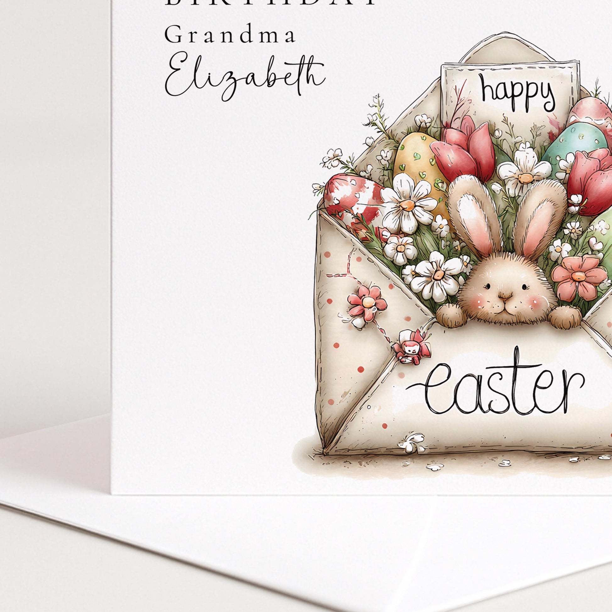 Easter Card For Grandma – Personalised Bunny Birthday Card With Floral Design