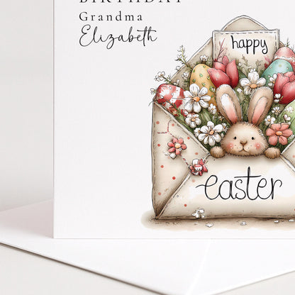 Easter Card For Grandma – Personalised Bunny Birthday Card With Floral Design