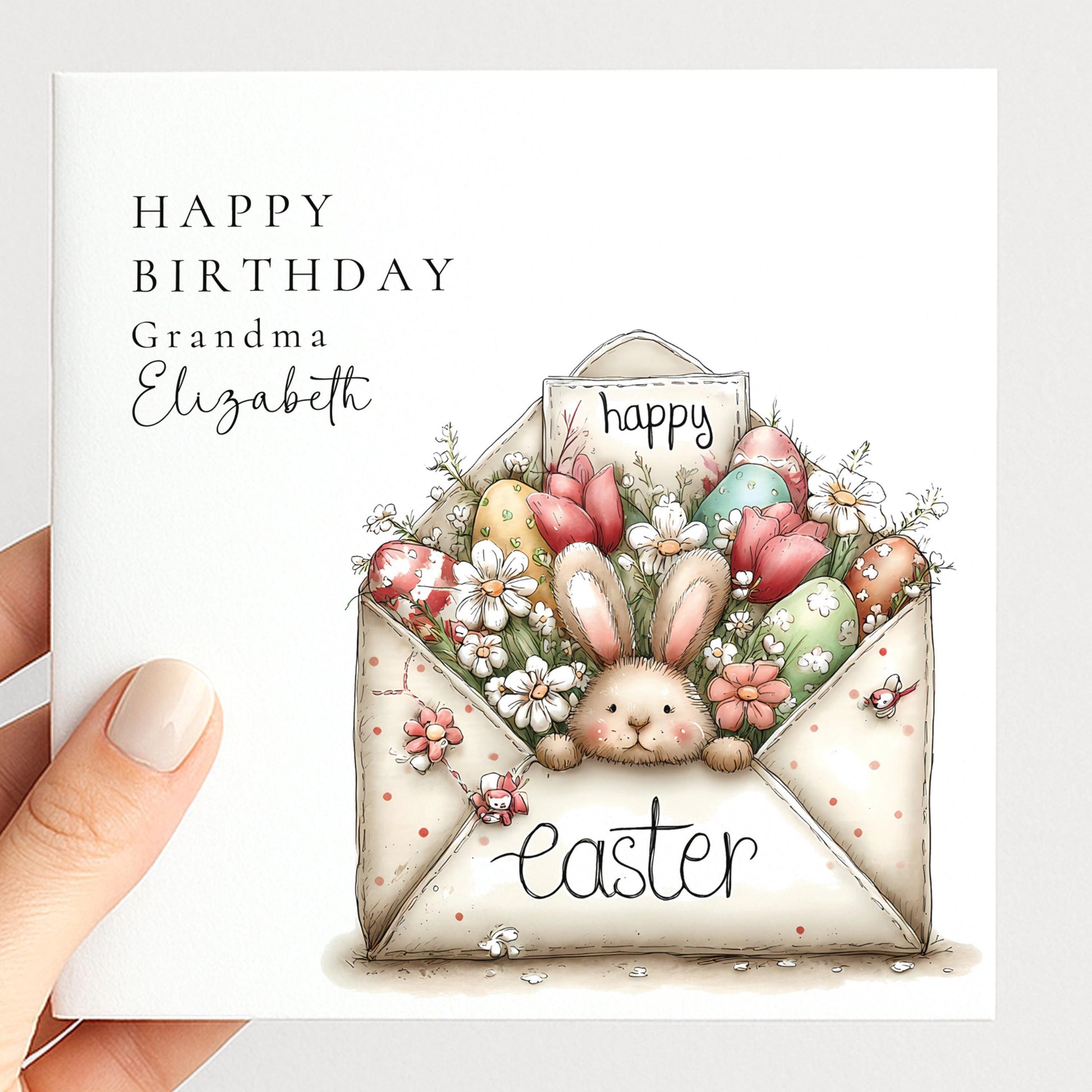 Easter Card For Grandma – Personalised Bunny Birthday Card With Floral Design