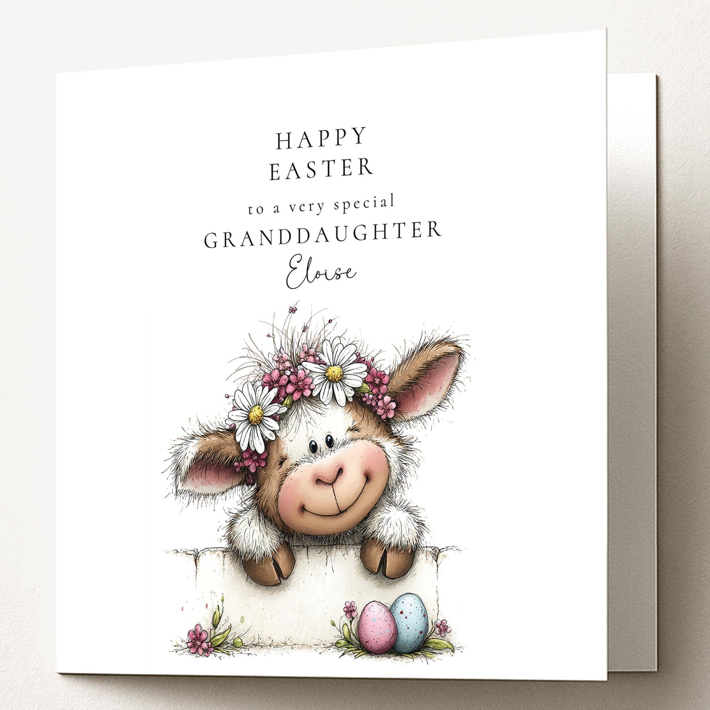 Easter Card Granddaughter – Personalised Cute Lamb Card With Pastel Eggs