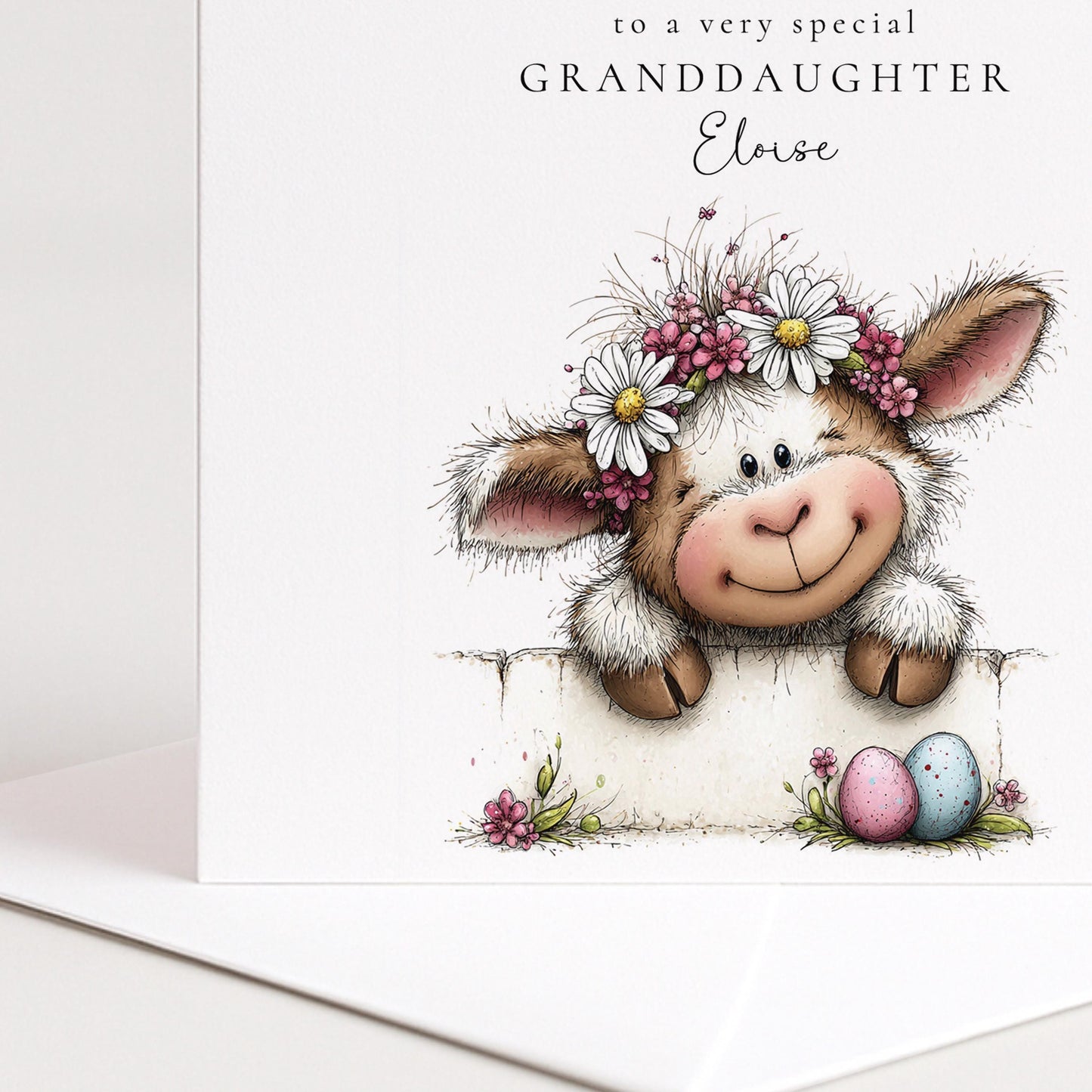 Easter Card Granddaughter – Personalised Cute Lamb Card With Pastel Eggs