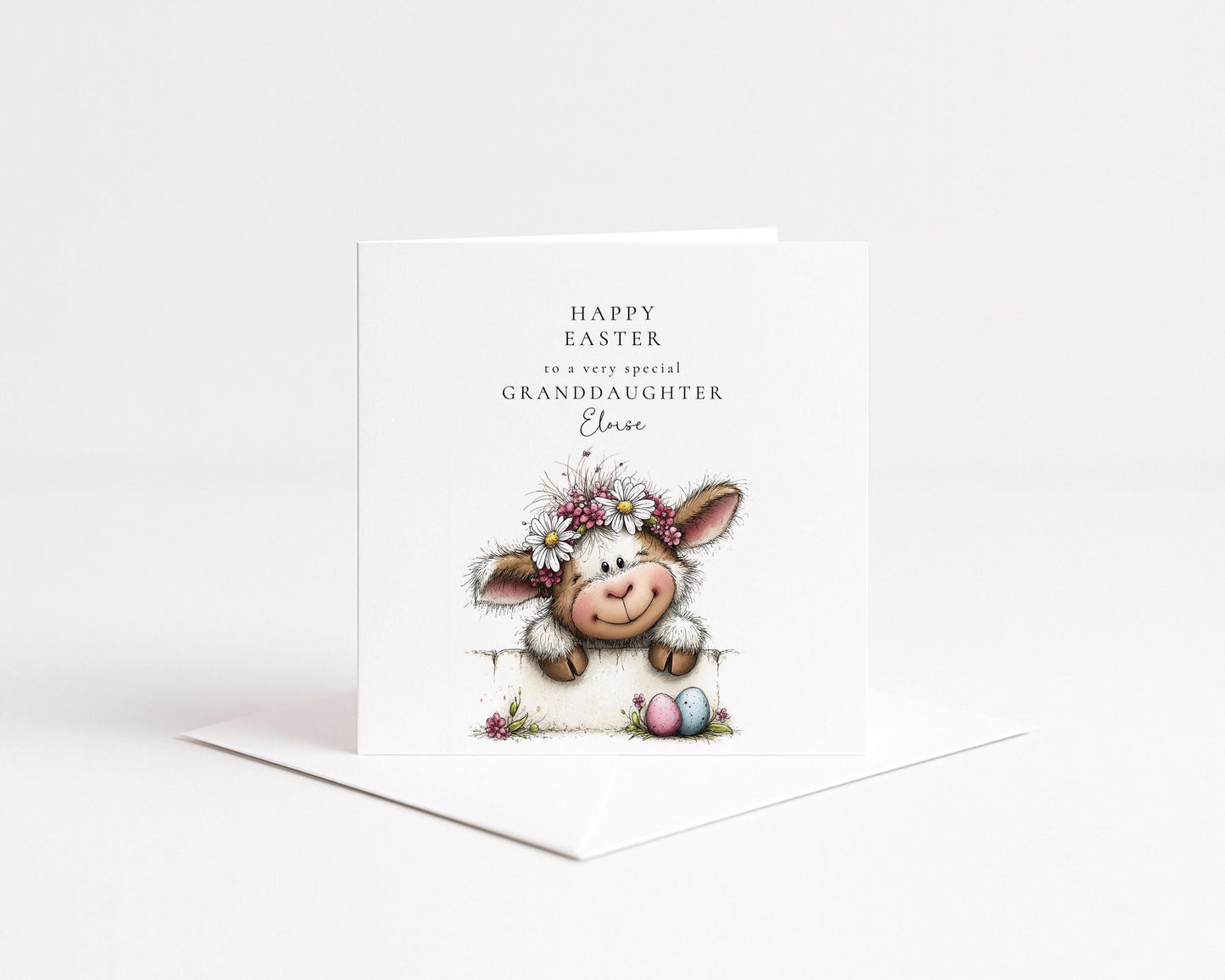 Easter Card Granddaughter – Personalised Cute Lamb Card With Pastel Eggs