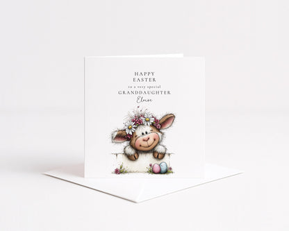 Easter Card Granddaughter – Personalised Cute Lamb Card With Pastel Eggs