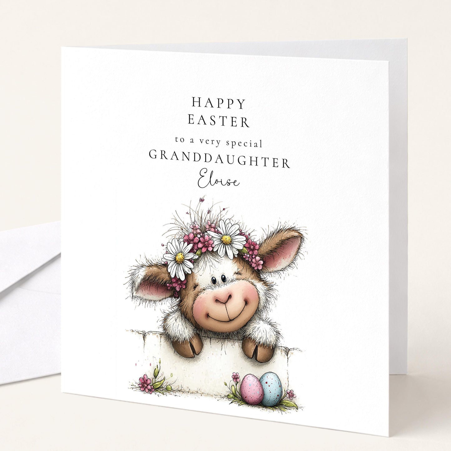 Easter Card Granddaughter – Personalised Cute Lamb Card With Pastel Eggs