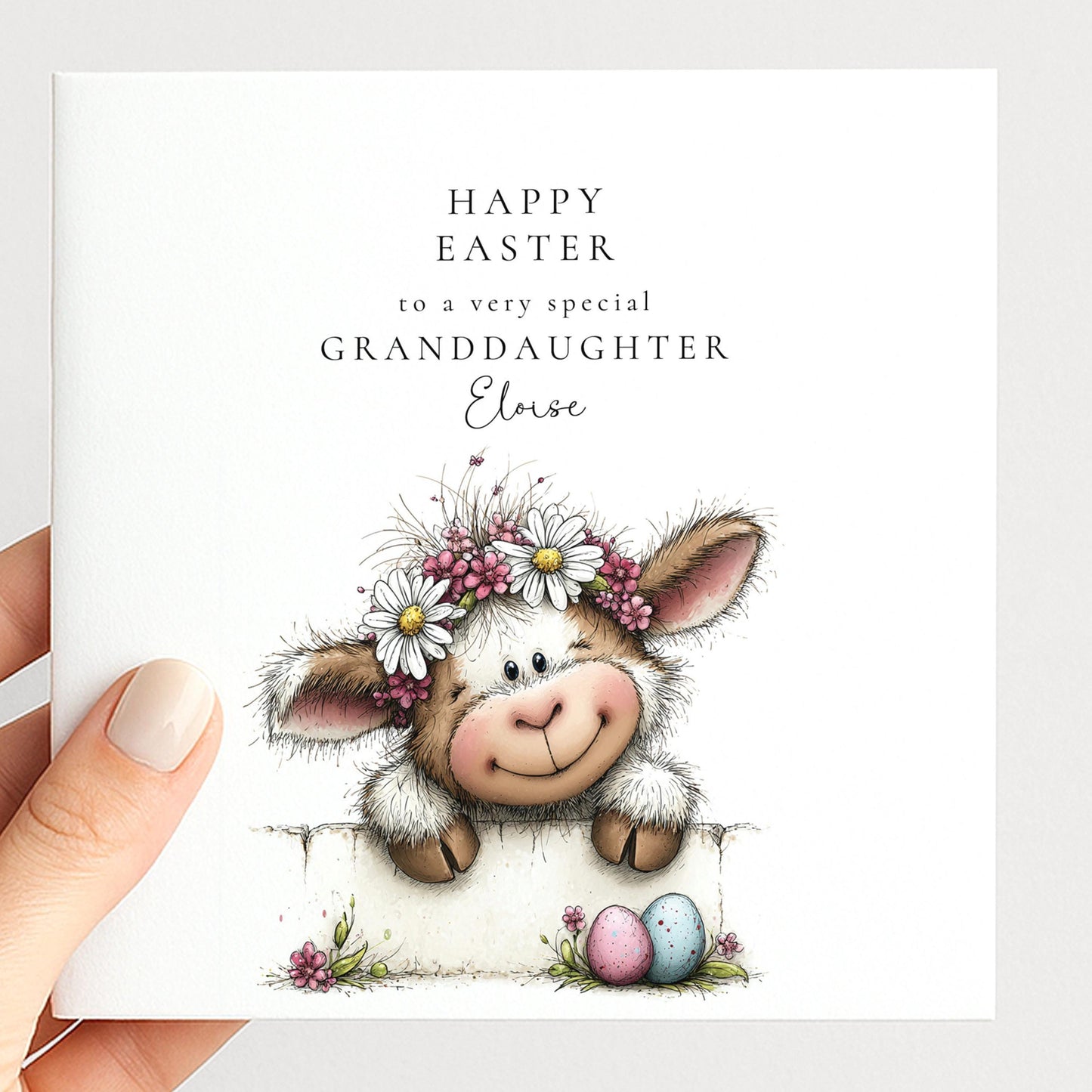 Easter Card Granddaughter – Personalised Cute Lamb Card With Pastel Eggs