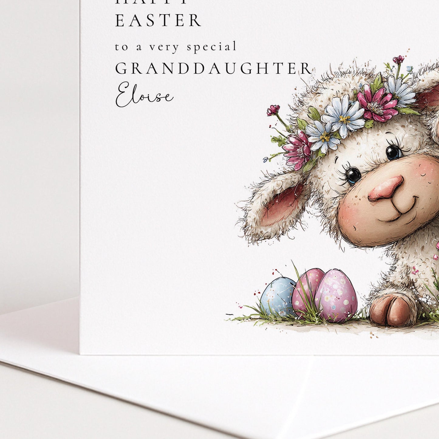 Easter Card Granddaughter – Personalised Cute Lamb Illustration Card With Pastel Eggs