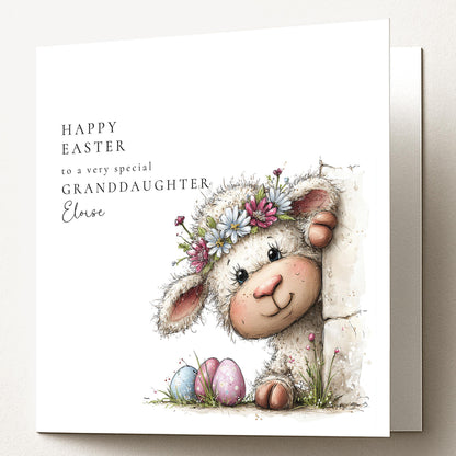 Easter Card Granddaughter – Personalised Cute Lamb Illustration Card With Pastel Eggs