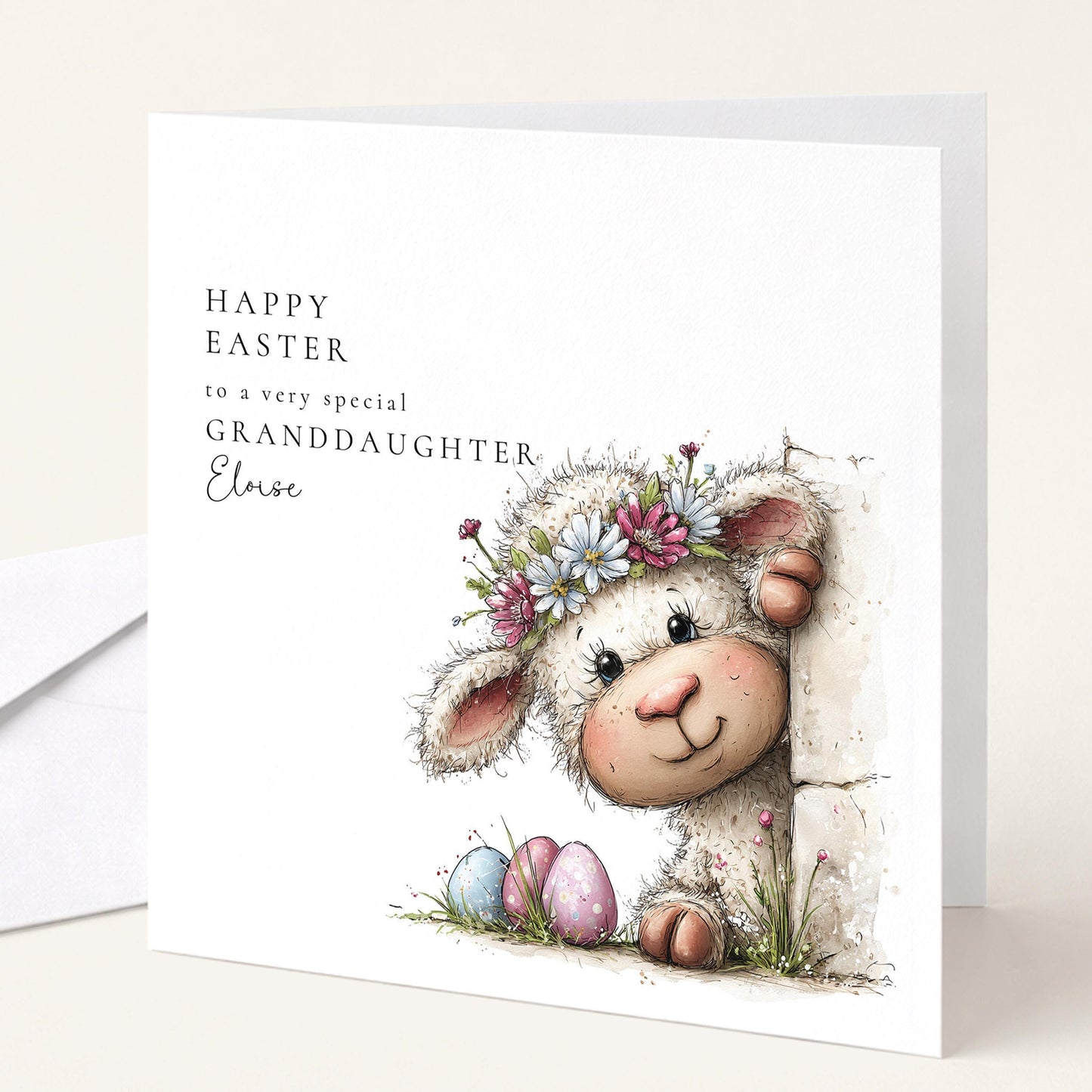 Easter Card Granddaughter – Personalised Cute Lamb Illustration Card With Pastel Eggs
