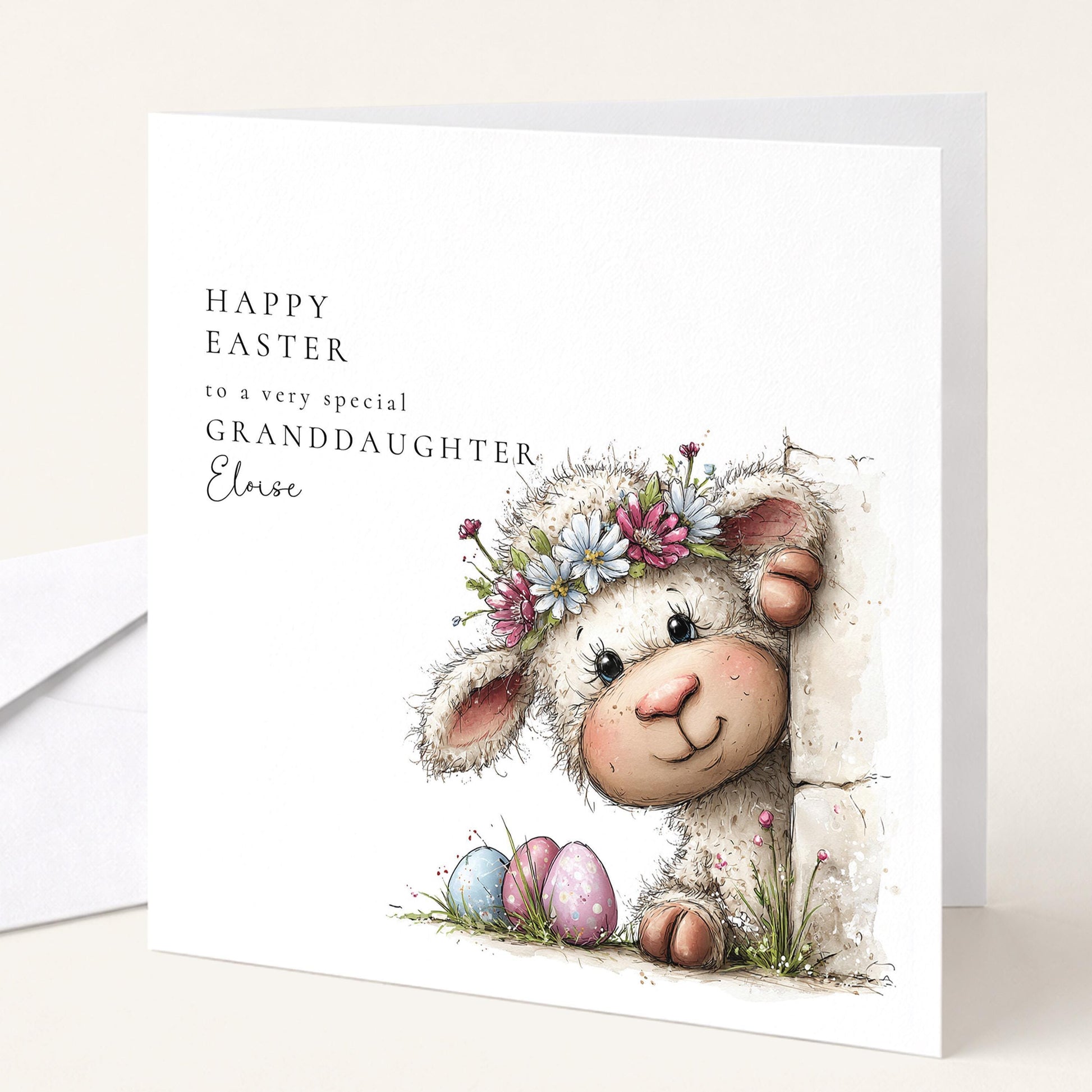 Easter Card Granddaughter – Personalised Cute Lamb Illustration Card With Pastel Eggs