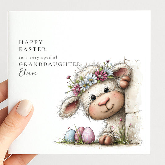 Easter Card Granddaughter – Personalised Cute Lamb Illustration Card With Pastel Eggs