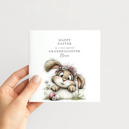 Easter Card Granddaughter - Personalised Floral Design With Cute Bunny & Pastel Eggs