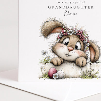 Easter Card Granddaughter - Personalised Floral Design With Cute Bunny & Pastel Eggs