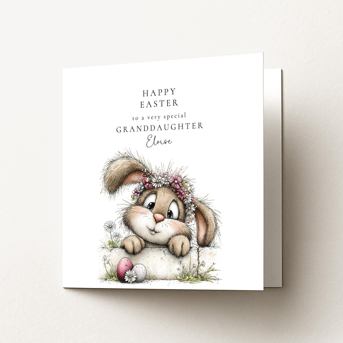 Easter Card Granddaughter - Personalised Floral Design With Cute Bunny & Pastel Eggs