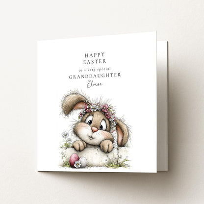 Easter Card Granddaughter - Personalised Floral Design With Cute Bunny & Pastel Eggs