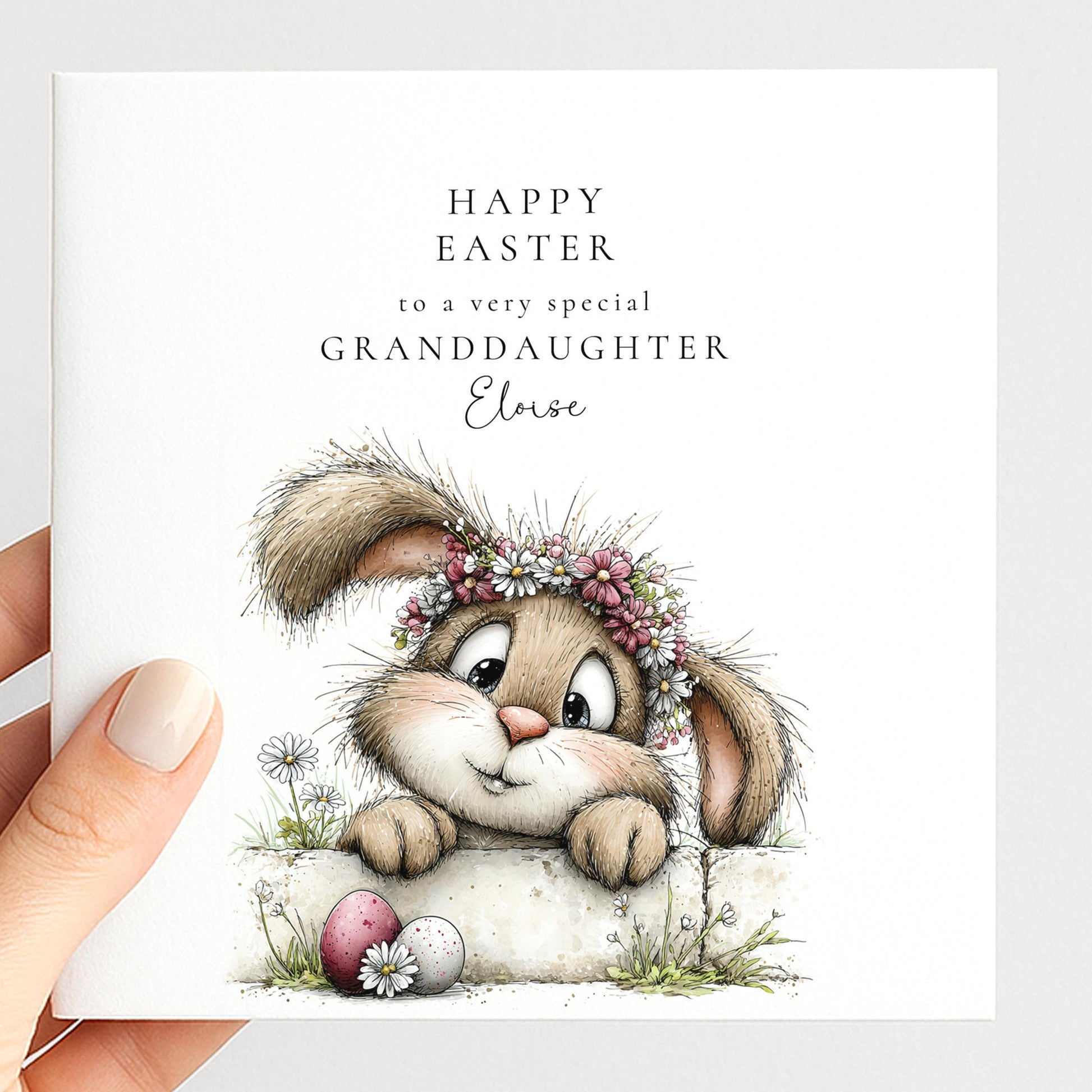 Easter Card Granddaughter - Personalised Floral Design With Cute Bunny & Pastel Eggs