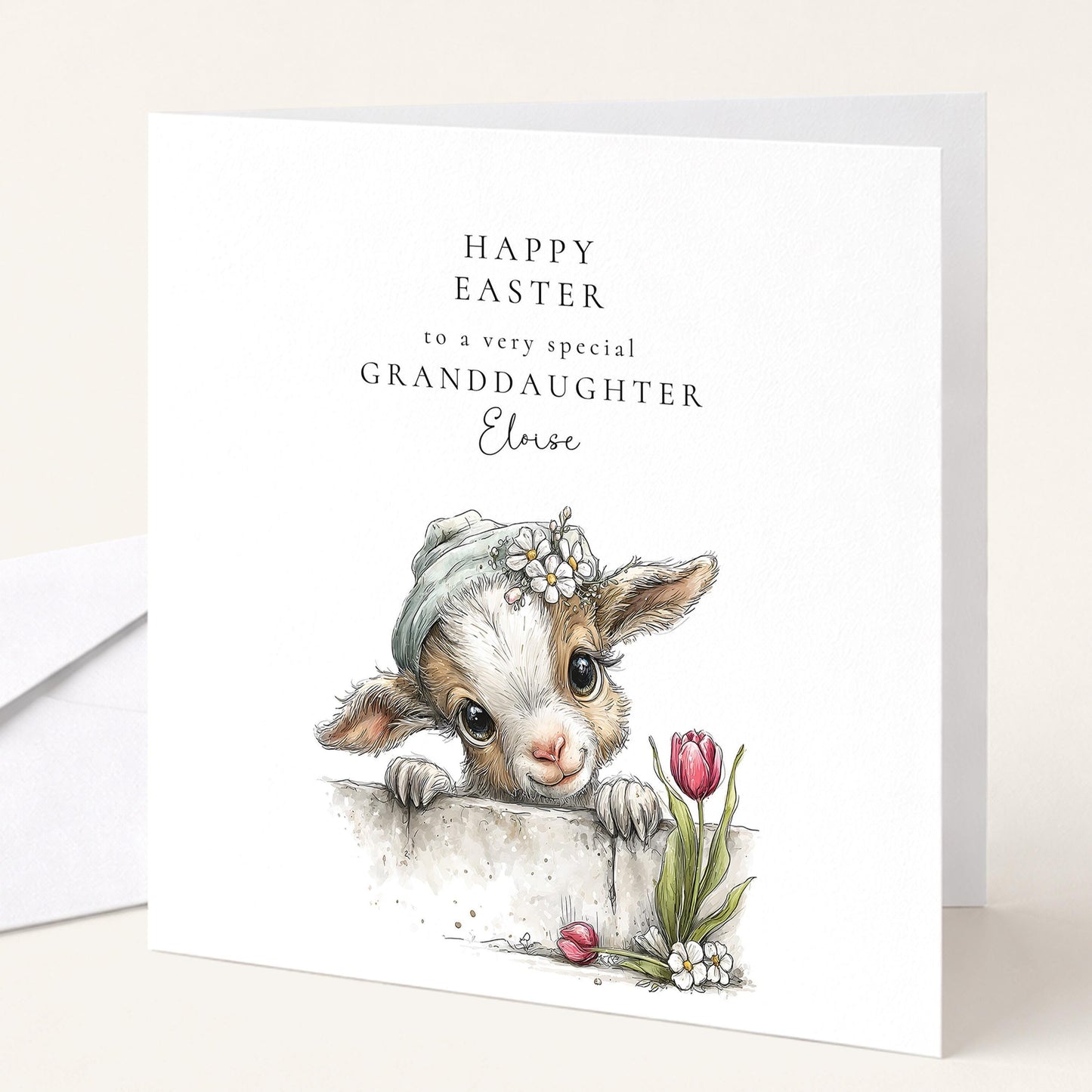 Easter Card Granddaughter – Personalised Lamb Floral Design With Custom Name