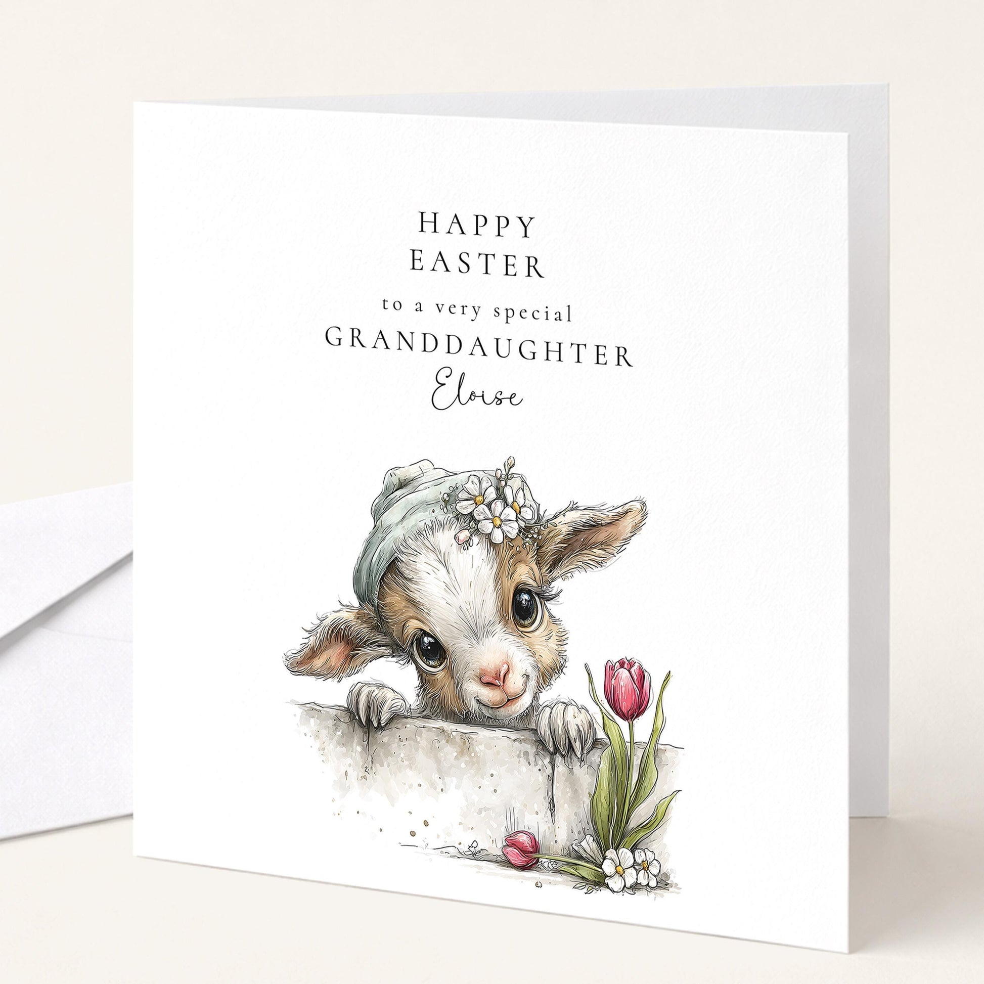 Easter Card Granddaughter – Personalised Lamb Floral Design With Custom Name