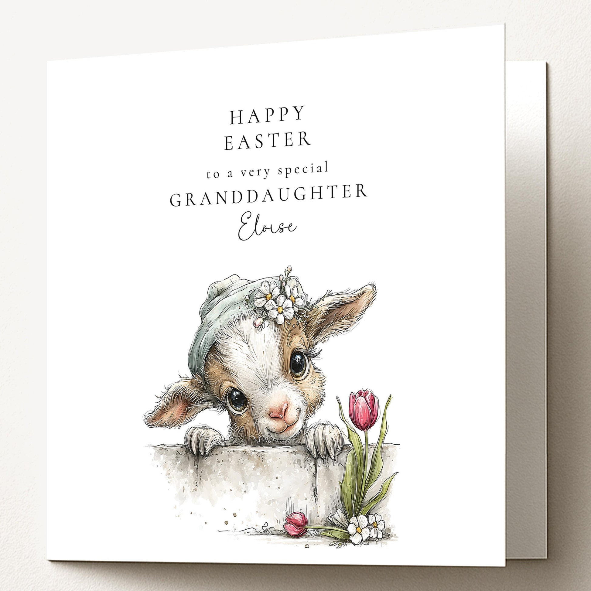 Easter Card Granddaughter – Personalised Lamb Floral Design With Custom Name