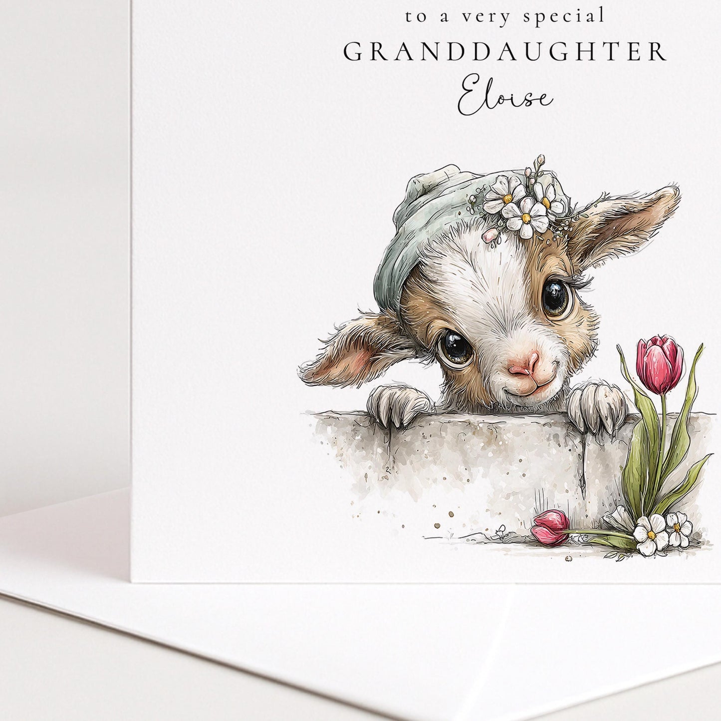 Easter Card Granddaughter – Personalised Lamb Floral Design With Custom Name