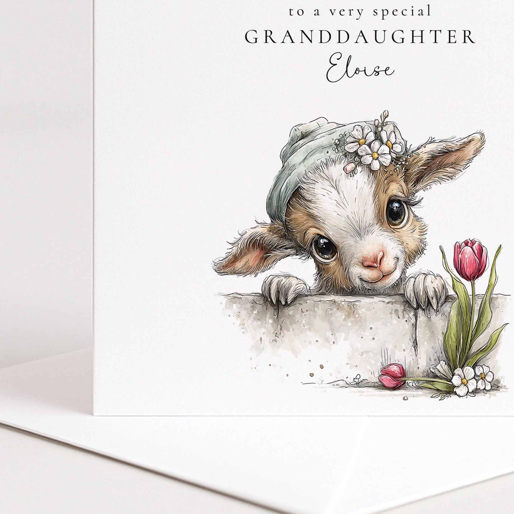 Easter Card Granddaughter – Personalised Lamb Floral Design With Custom Name