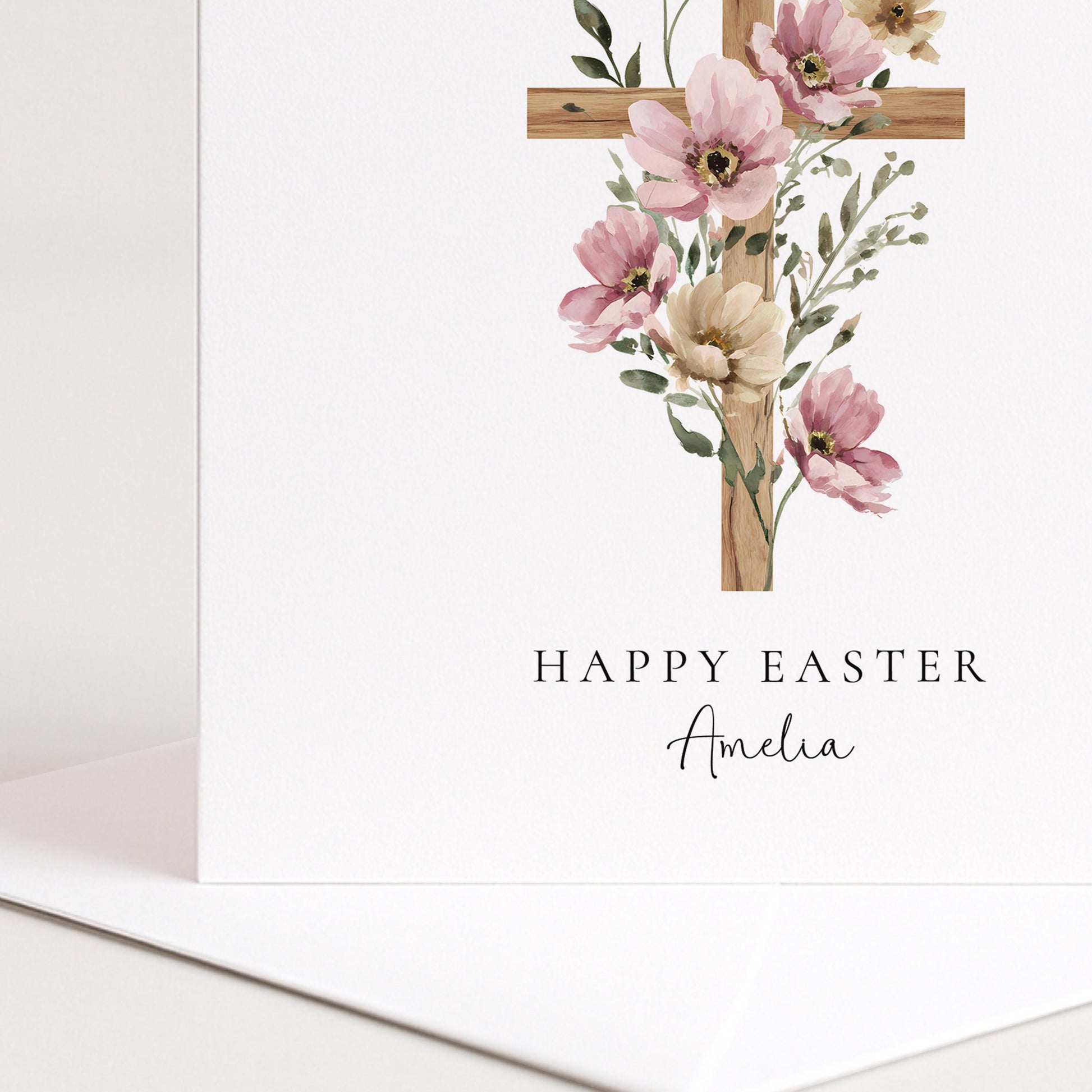Easter Card – Personalised Floral Cross Card With Matte Finish & Custom Name
