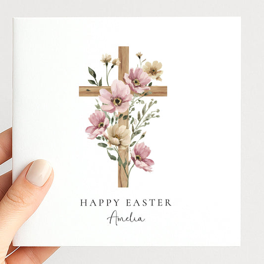 Easter Card – Personalised Floral Cross Card With Matte Finish & Custom Name