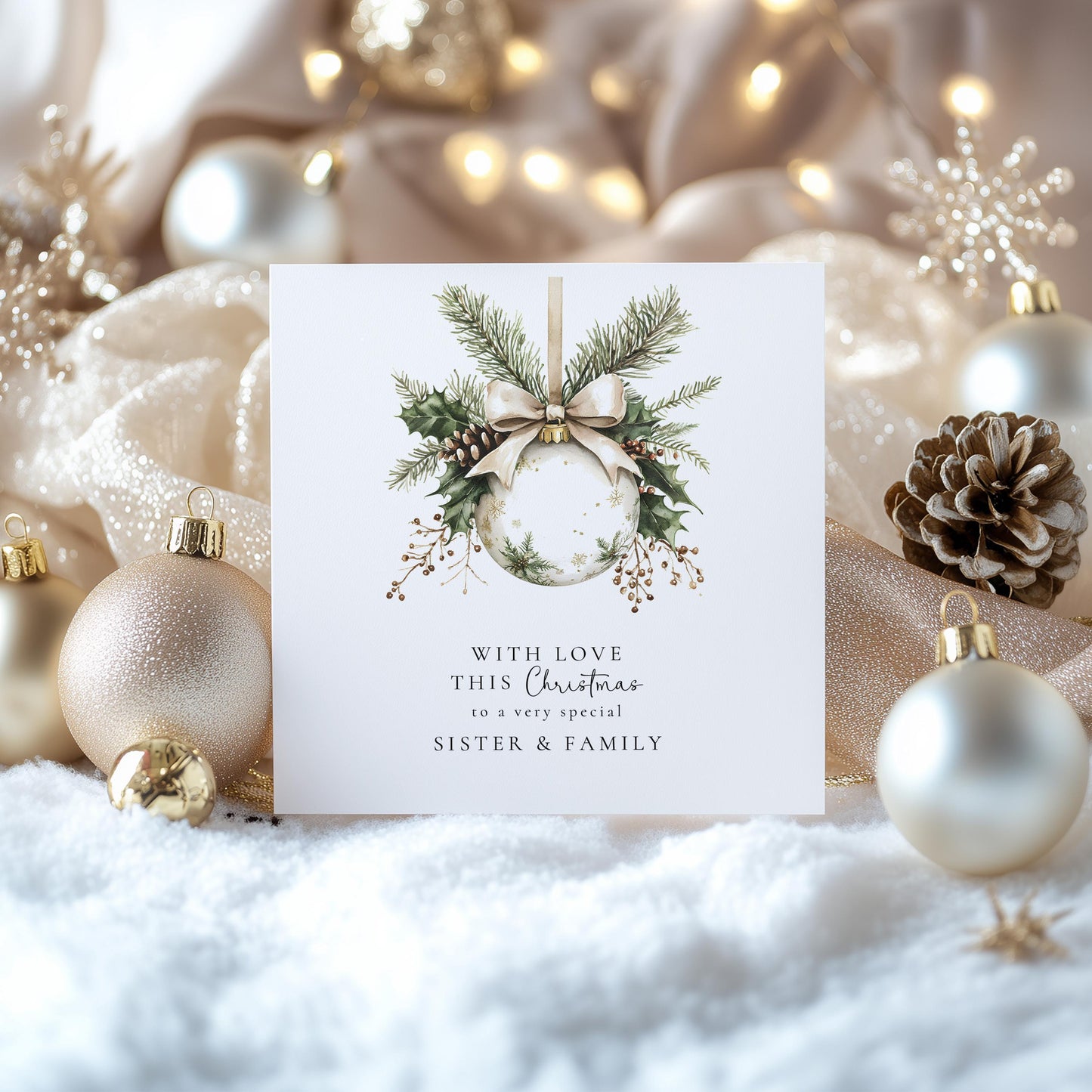 Elegant Christmas Card | Personalised Bauble Design For Sister & Family Keepsake