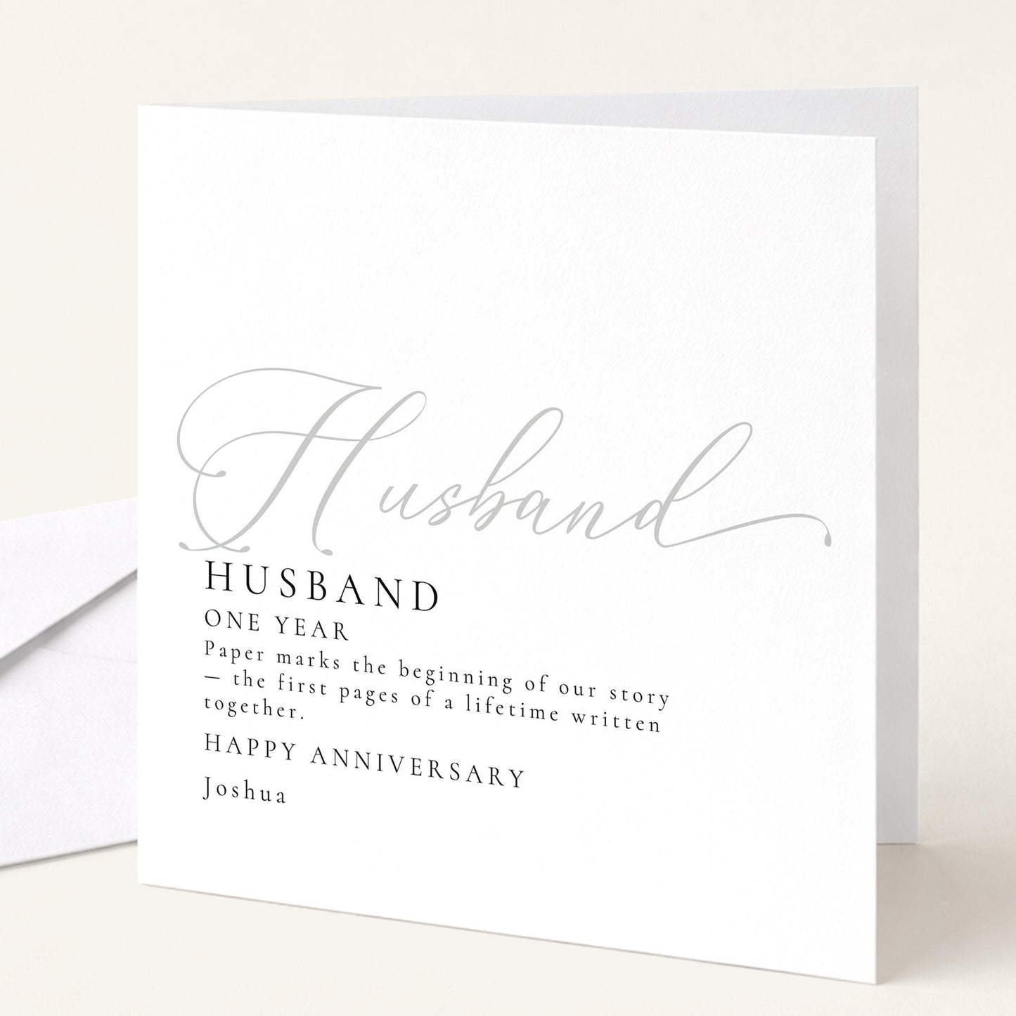 Elegant first anniversary card for husband with calligraphy design and paper anniversary sentiment, printed on 300gsm card