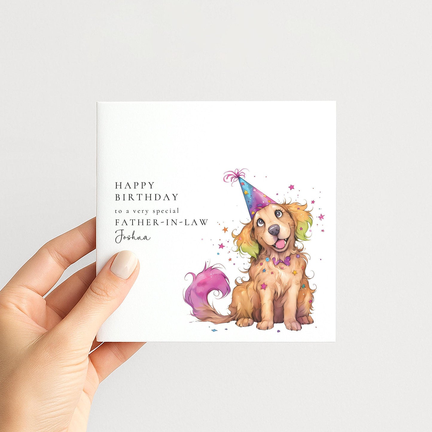 Father In Law Birthday Card - Personalised Dog Illustration With Party Hat