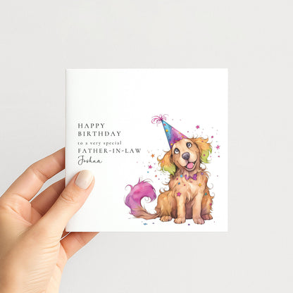 Father In Law Birthday Card - Personalised Dog Illustration With Party Hat