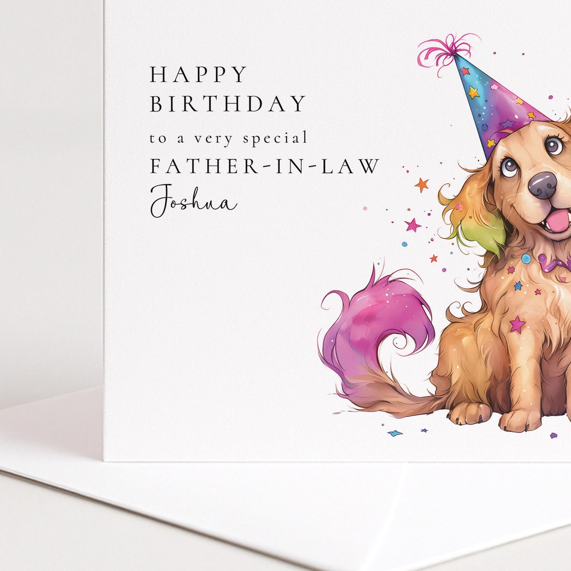 Father In Law Birthday Card - Personalised Dog Illustration With Party Hat