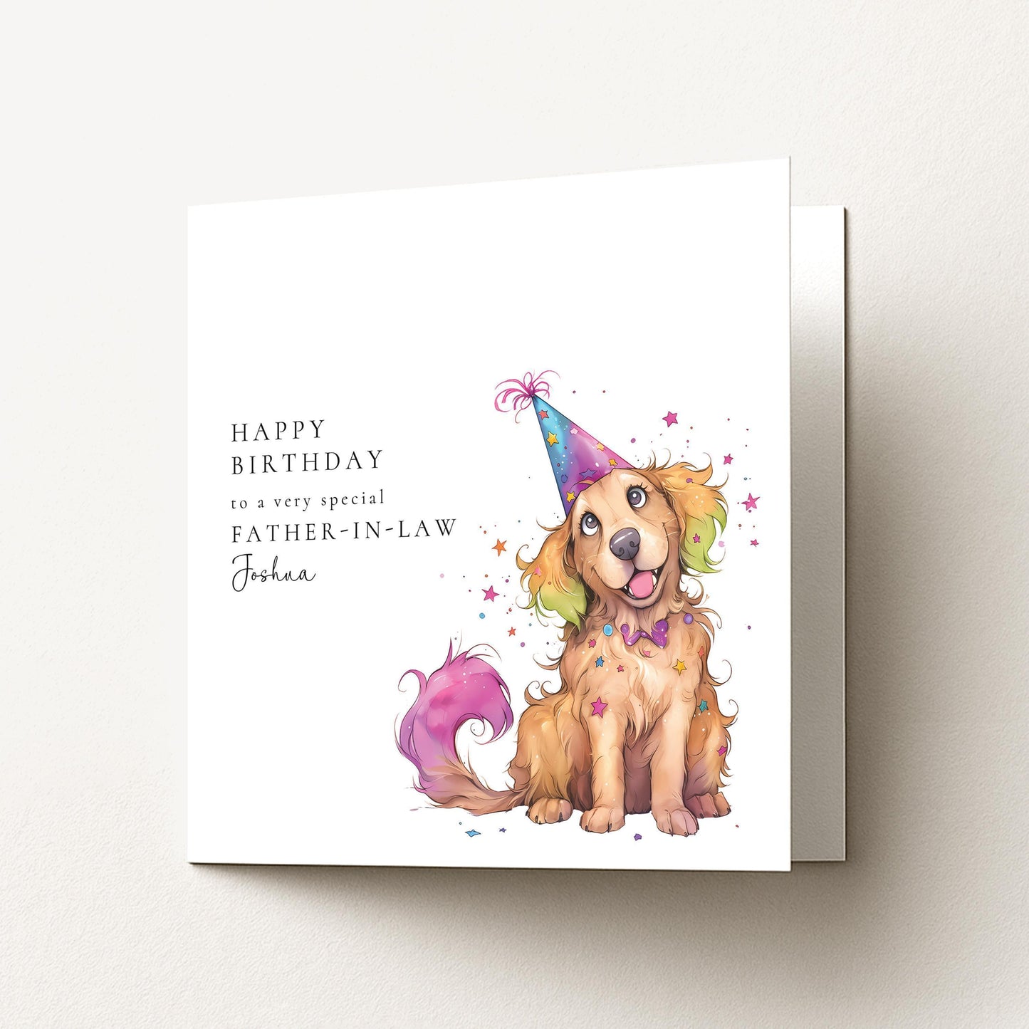 Father In Law Birthday Card - Personalised Dog Illustration With Party Hat