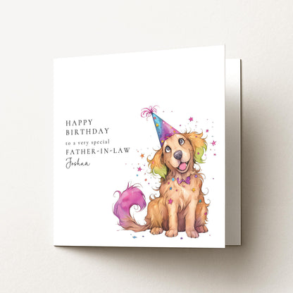 Father In Law Birthday Card - Personalised Dog Illustration With Party Hat