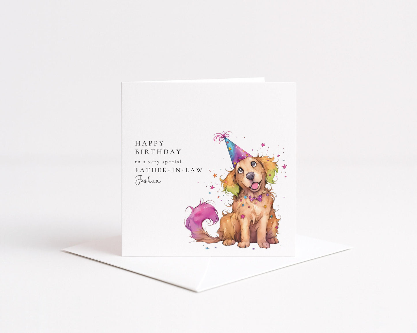 Father In Law Birthday Card - Personalised Dog Illustration With Party Hat
