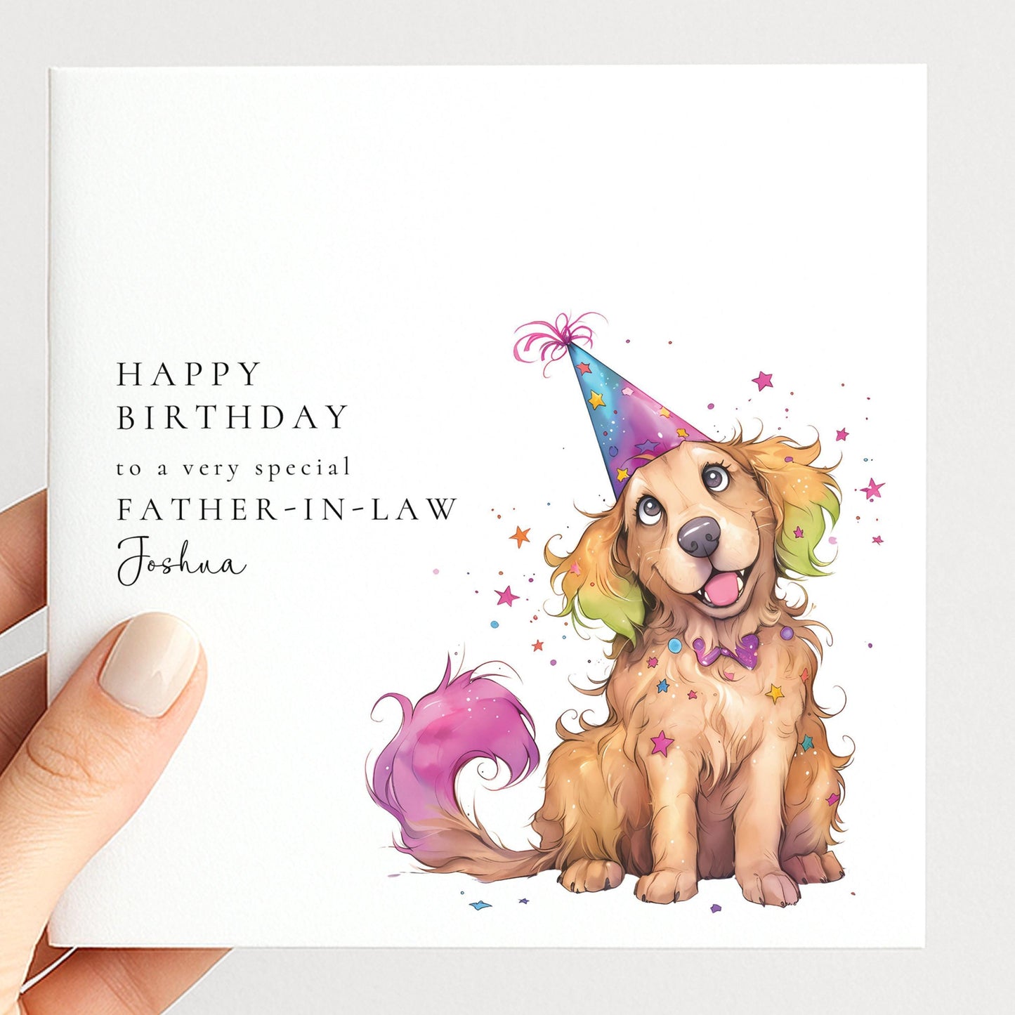 Father In Law Birthday Card - Personalised Dog Illustration With Party Hat