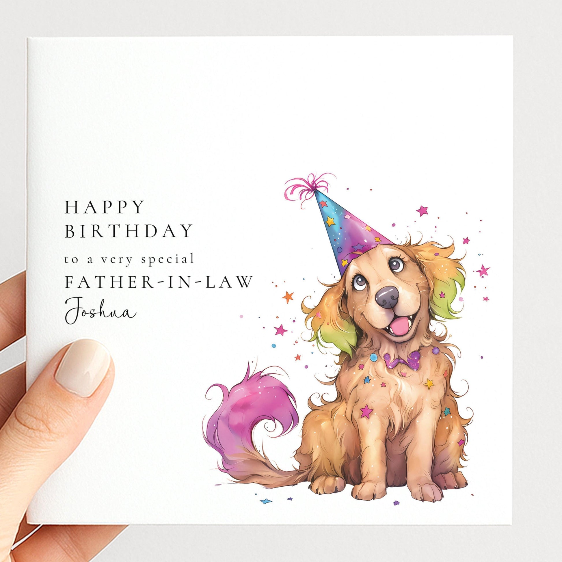 Father In Law Birthday Card - Personalised Dog Illustration With Party Hat