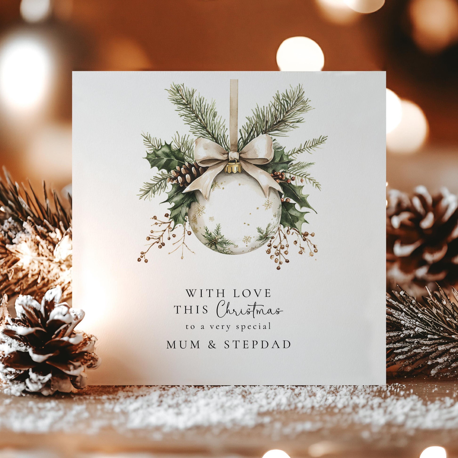 Festive Bauble Card – Personalised Christmas Card for Mum & Stepdad, Matte Finish