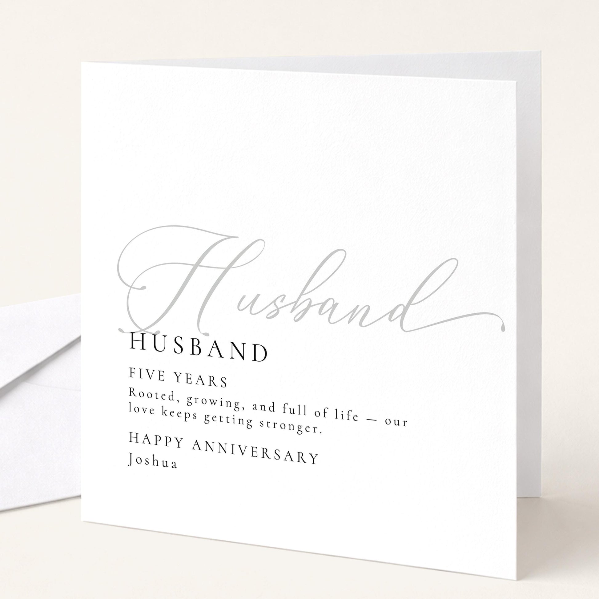 Elegant fifth anniversary card for husband with calligraphy design and wood anniversary sentiment, printed on 300gsm card