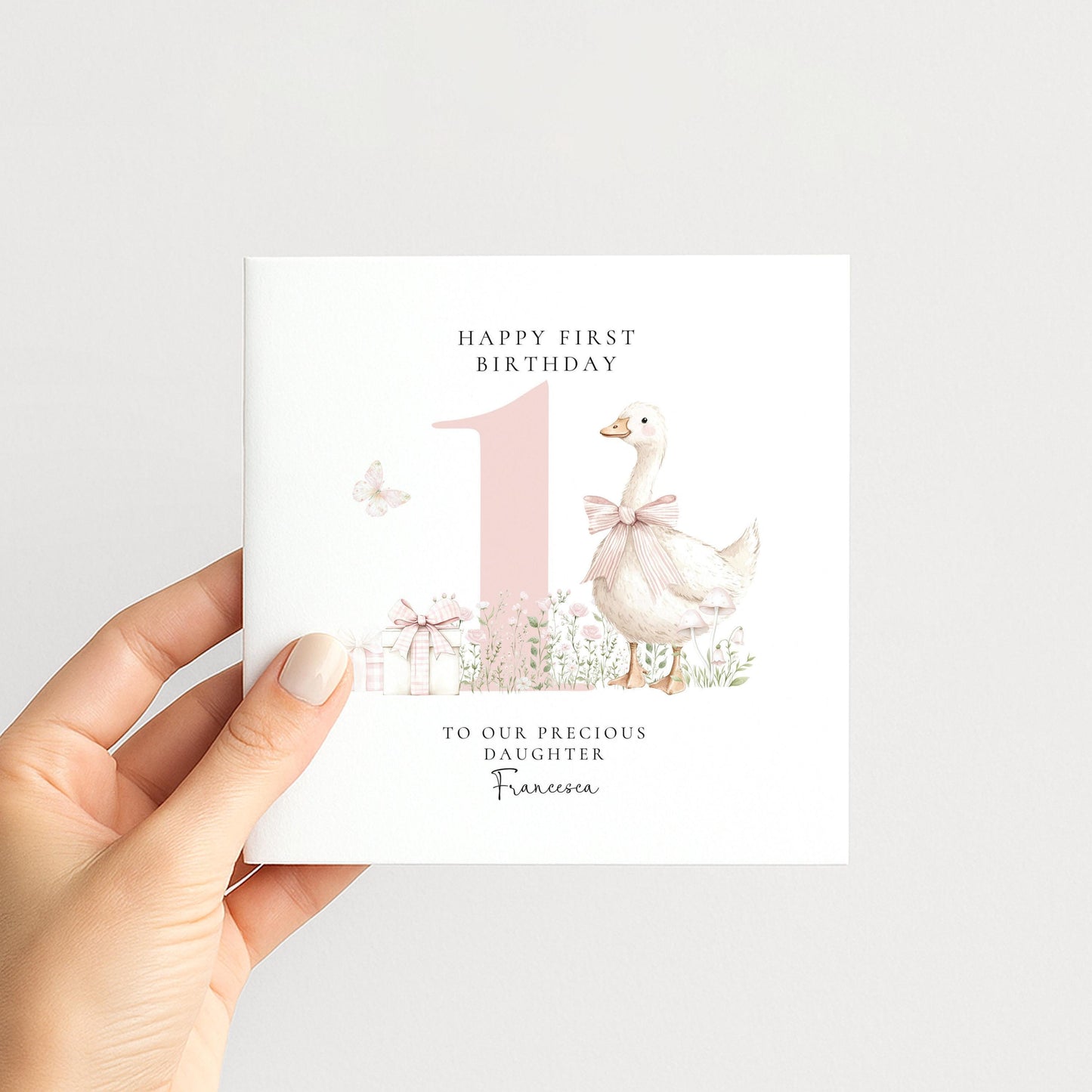 First Birthday Card Daughter – Personalised Pink Floral Keepsake Card with Goose Illustration