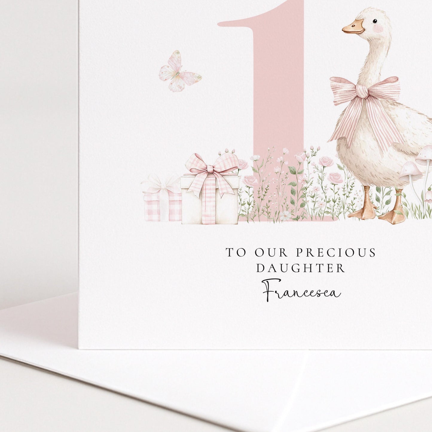 First Birthday Card Daughter – Personalised Pink Floral Keepsake Card with Goose Illustration
