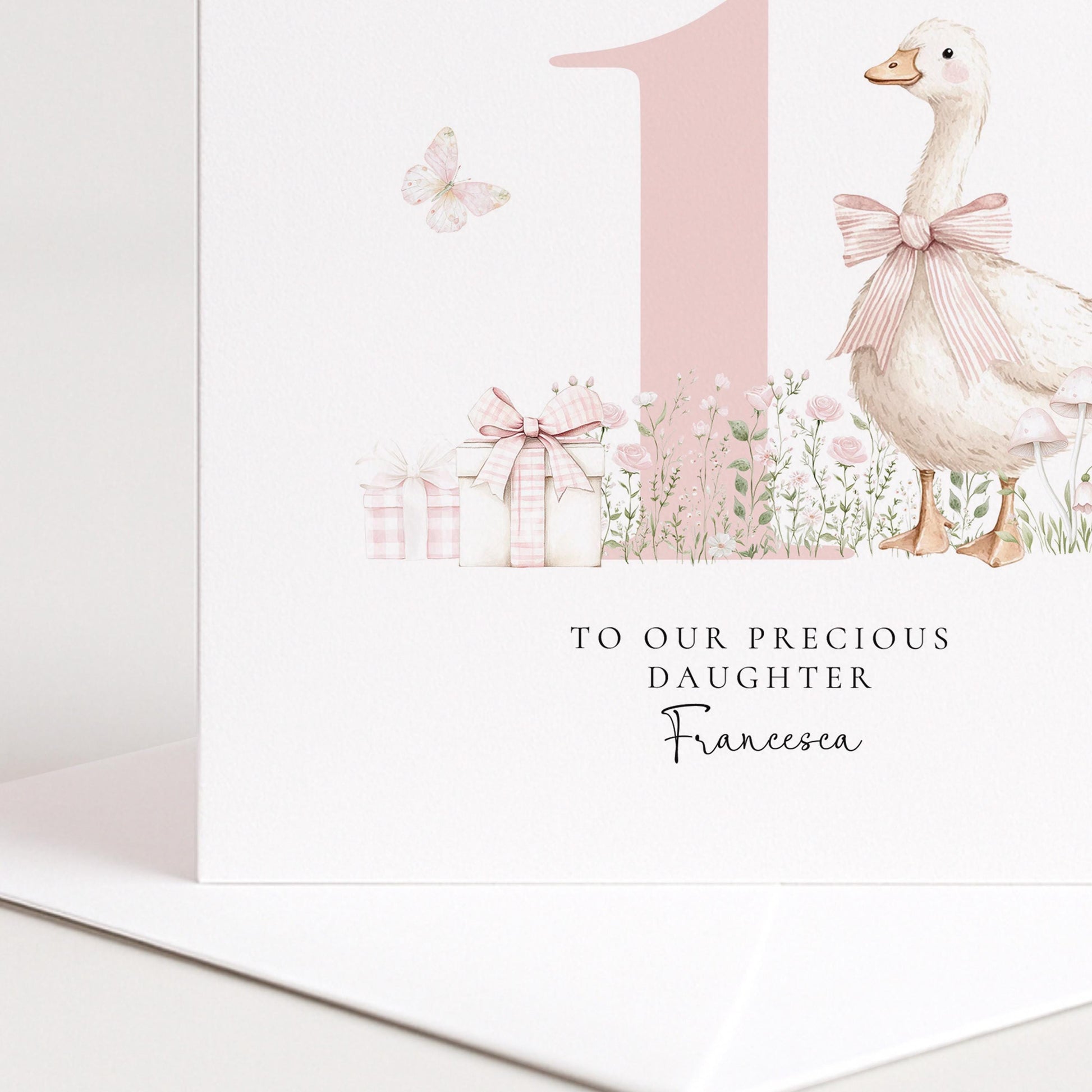 First Birthday Card Daughter – Personalised Pink Floral Keepsake Card with Goose Illustration
