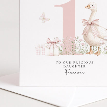 First Birthday Card Daughter – Personalised Pink Floral Keepsake Card with Goose Illustration